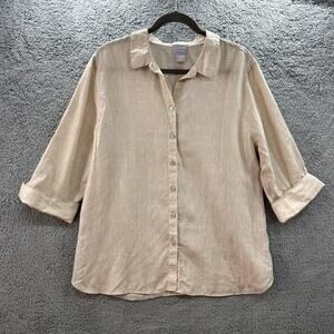 Chico's Size 3 100% Linen Beige Button Up Top Summer Casual‎ Classic Vacation